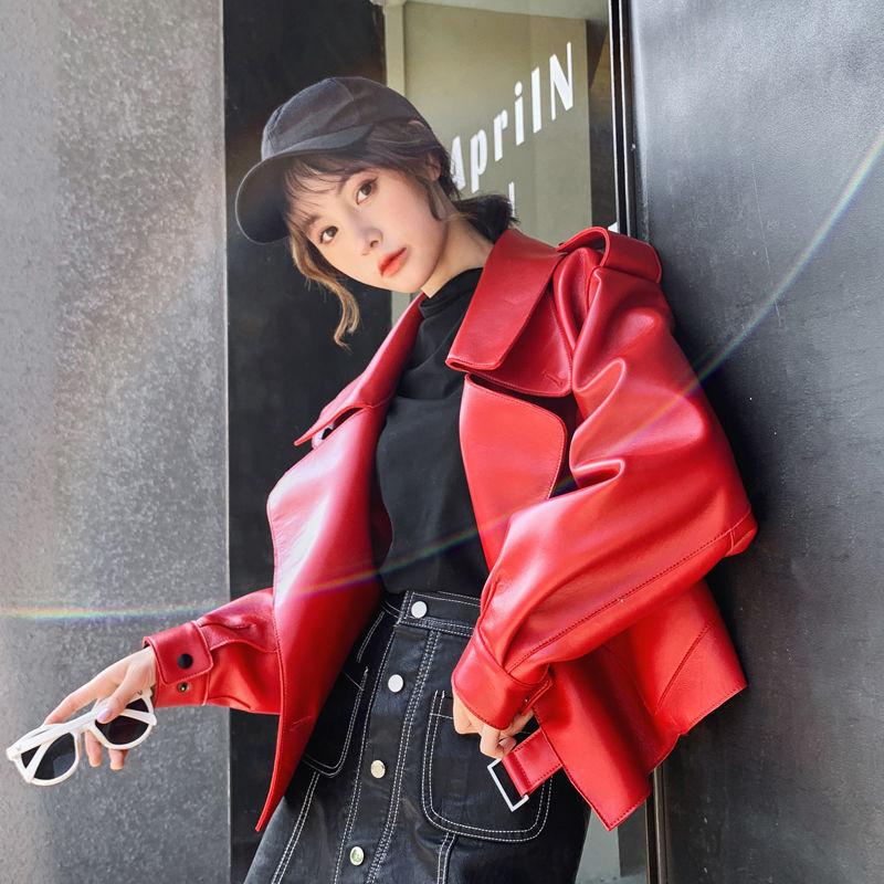 

Женская куртка из натуральной кожи весна-осень, новый стиль, куртка из овчины, темперамент, короткая, корейский стиль, свободная кожаная куртка, модная S