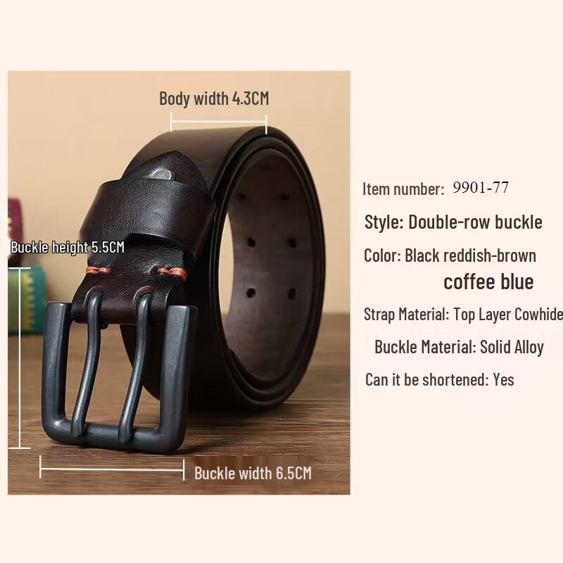 Heren Retro Jeugd Echt Leer Riem - 4,3CM Breed, Dubbele Gesp, Veelzijdig Koeienhuid Tailleband