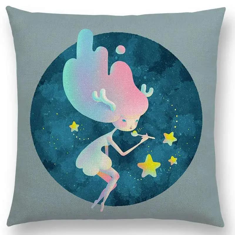 Neuankömmling Niedliche Cartoon-Tiere Kleine Katze Traum Elch Hübsches Mädchen Wald Leuchtender Stern Kissenbezug Sofa Wurfkissenbezug