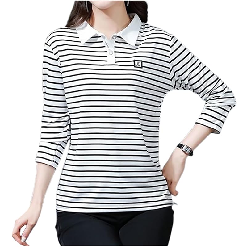 

[M-Thing] polo shirt long sleeve border tops Thin sports casual golf wear breathable ladies spring summer autumn big size comfortable cute Fashionable