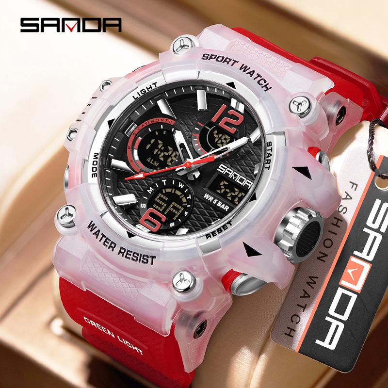 Sanda Dual-Movement Sports Watch with Countdown, Alarm, Night Light, Waterproof, and Multi-Function Features for Students.