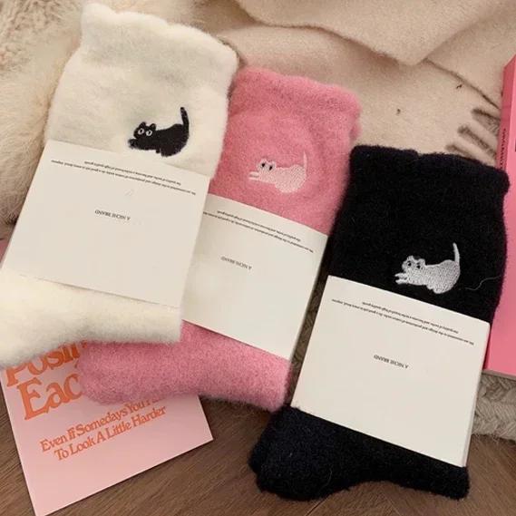 Autumn Winter Home Fluffy Socks Thickened Plush Warm Cute Cat Cozy Hairy Mink Velvet Floor Socks Soft Sleeping Socks