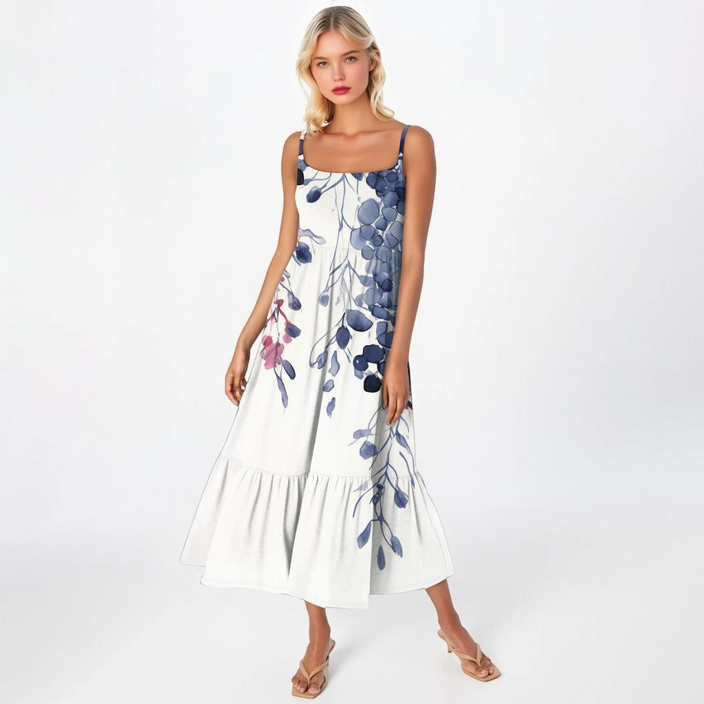 Dámské dlouhé plážové ležérní elegantní maxi šaty na špagetová ramínka s květinovým vzorem, decentní splývavé bohémské šaty