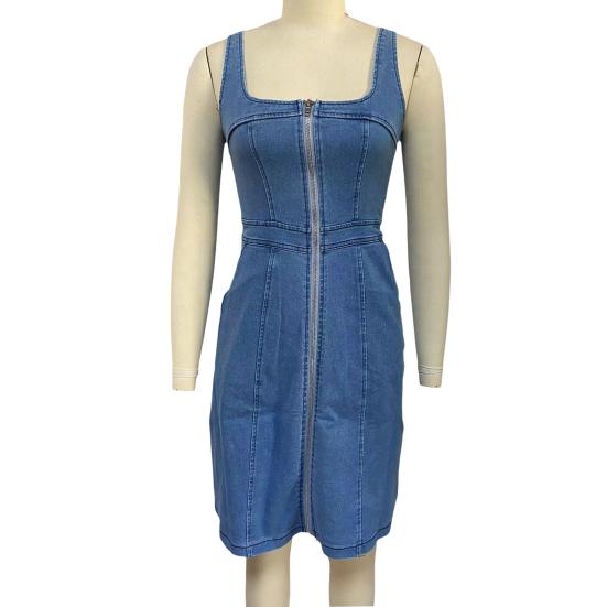 Women's Sleeveless Denim Dress Zipper Front Mini Jean Dress Summer Casual Tank Denim Dress with Pockets
