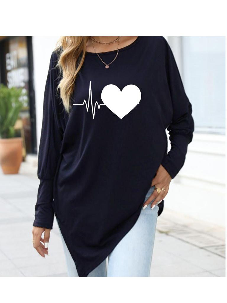 Women's Oversize Long-Sleeve Spring/Fall Asymmetrical Hem T-Shirt Fashion Printed Logn Sleeve Top