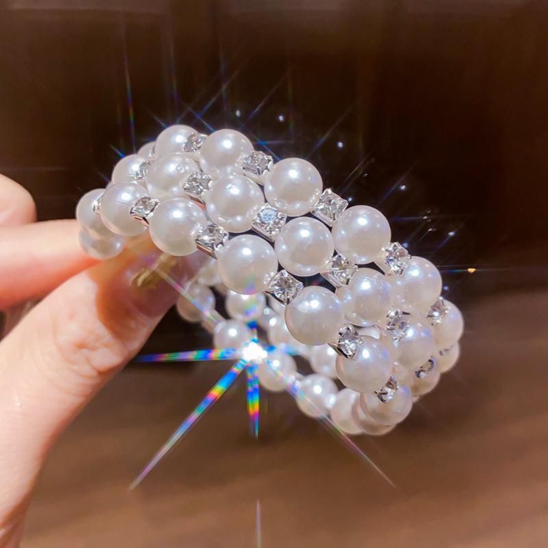 Retro French-Style Diamond and Pearl Open Bangle Bracelet