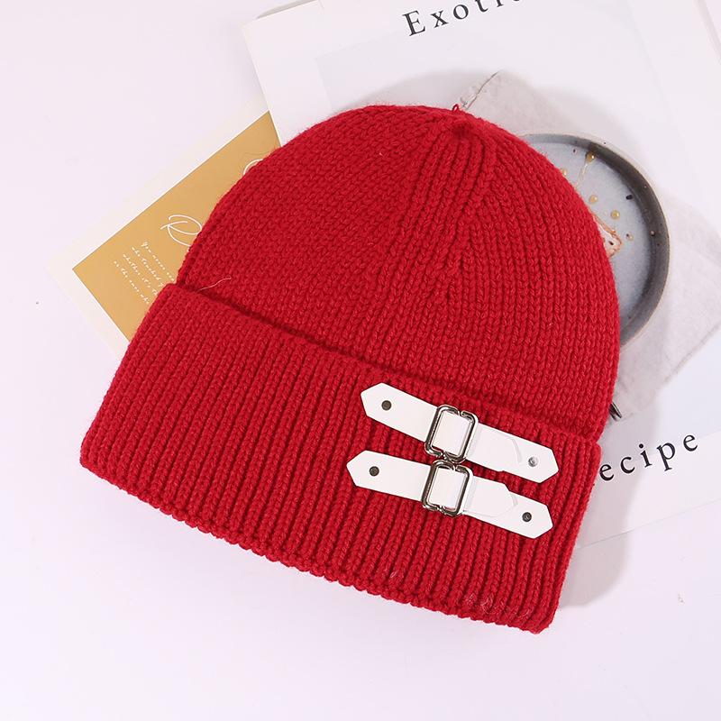 American Leather Buckle Knitted Cold Hat for Men and Women In Autumn and Winter Small Versatile Wool Hat Warm and Cold Hat