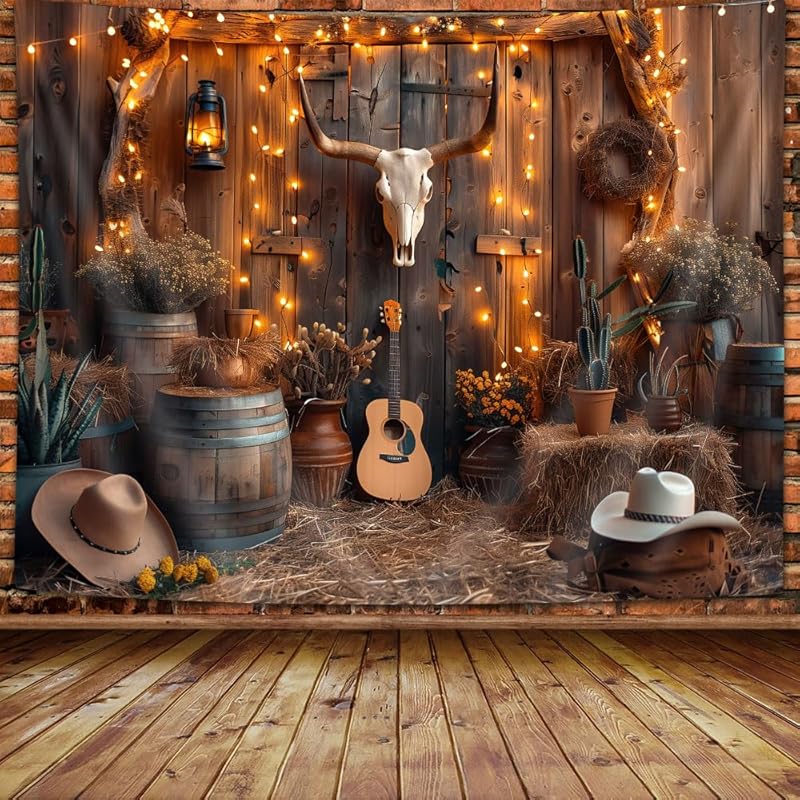 Western Boho Wall Tapestry Aesthetic Southwest Country Ranch Tapestry Retro Rustic Barn Door with Bull Skull Desert Cactus Cowboy Guitar Texas Hippie