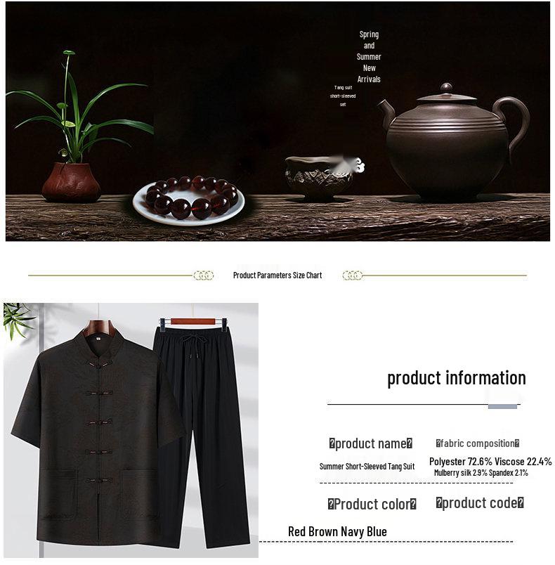 High-Quality Men's Striped Silk Tang Suit Summer Set: Chinese Style Casual Wear for Middle-Aged & Elderly