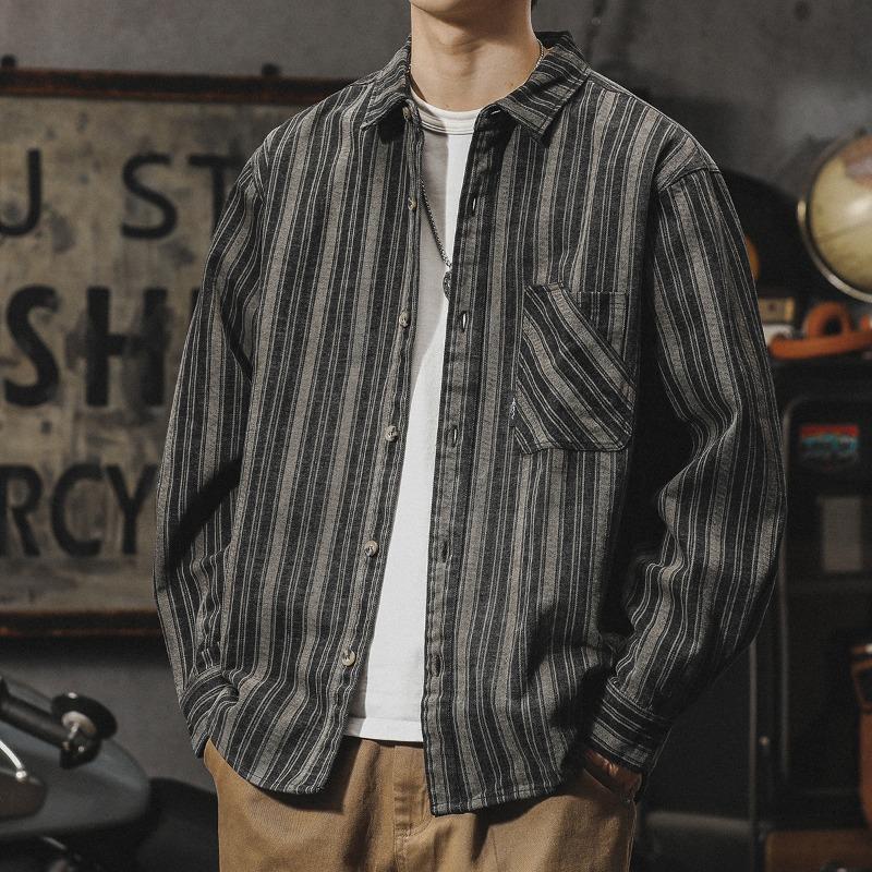 Spring and Autumn Men's American Style Retro Striped Shirt
