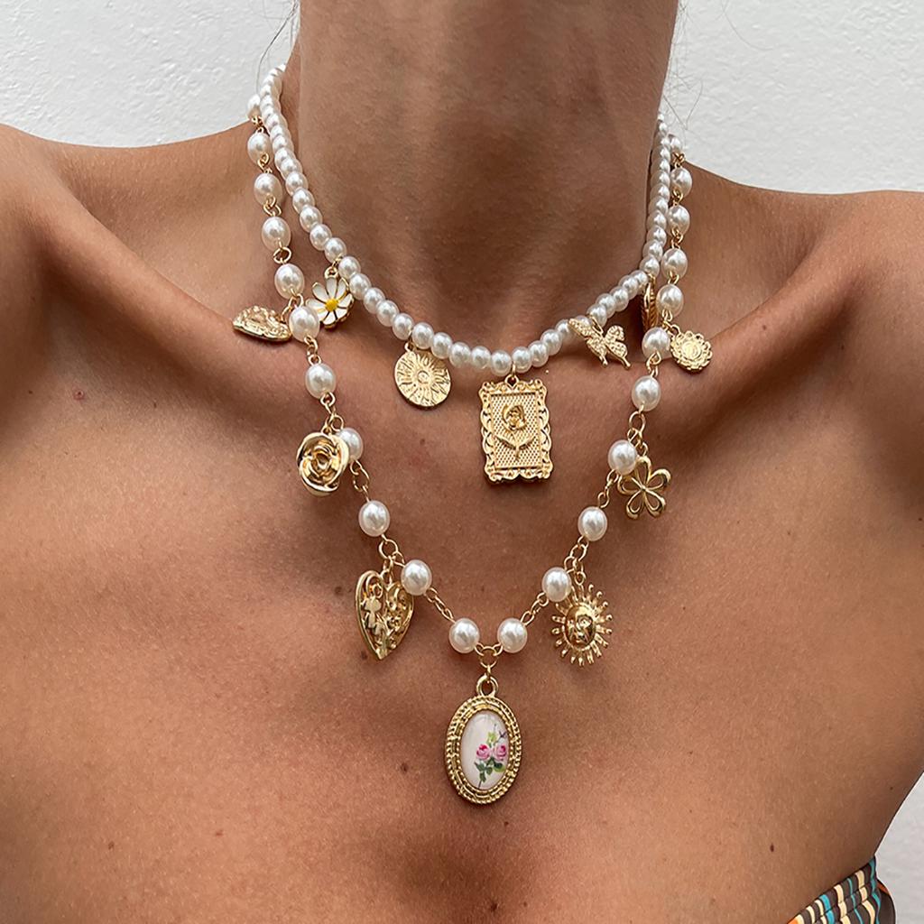 Salircon 2Pcs/Set Butterfly Sunflower Heart Pendant Necklace for Women Luxury Imitation Pearl Charm Statement Choker Jewelry