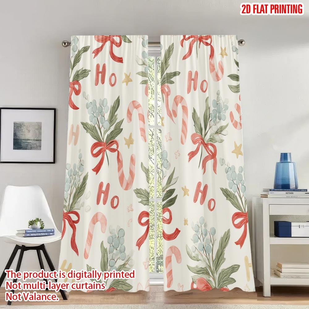 

Set Of 2 Flat Printing Happy Christmas Fashion Curtains Red Bow Mistletoe Digital Printed Polyester Drapes Family Party Made W100*H70(CM)-Hooks&2PCS