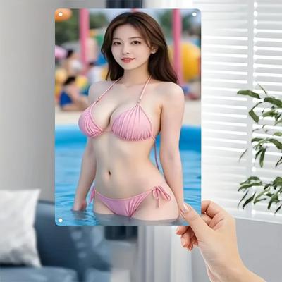 HD Metal Tin Sign Pool Asian Beauty Pink Bikini Vintage Wall Art Decor for Summer Bar Man Cave Home