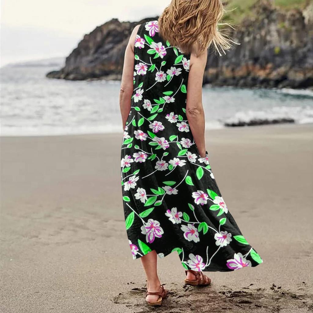 Women's Casual Comfortable Floral Print Sleeveless Cotton Pocket Dress
