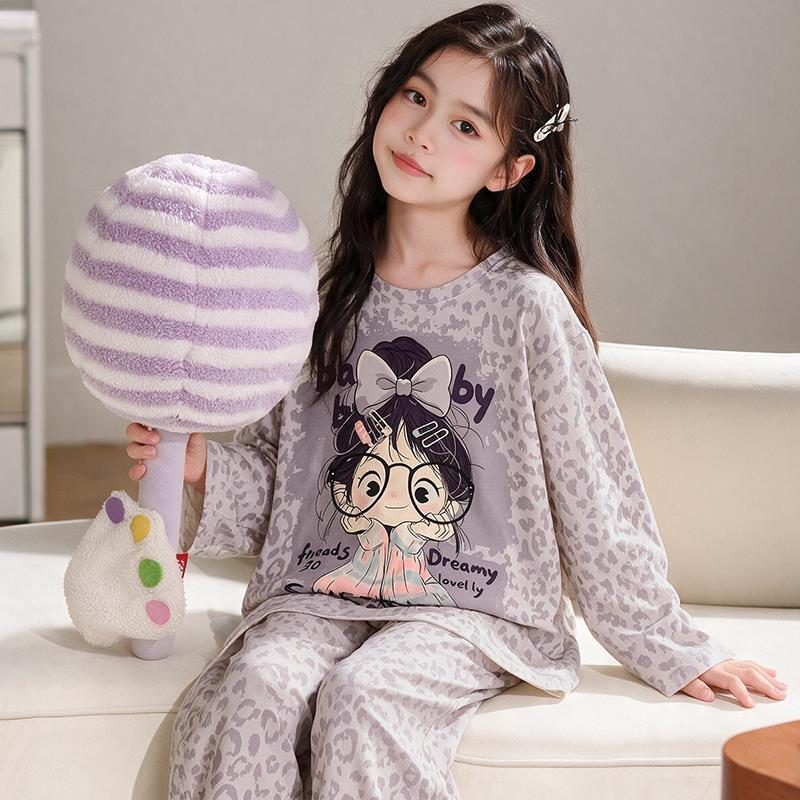 100% Cotton Girls Long Sleeve Pajamas Set Cartoon Print Round Neck Sleepwear Kids 8 Years