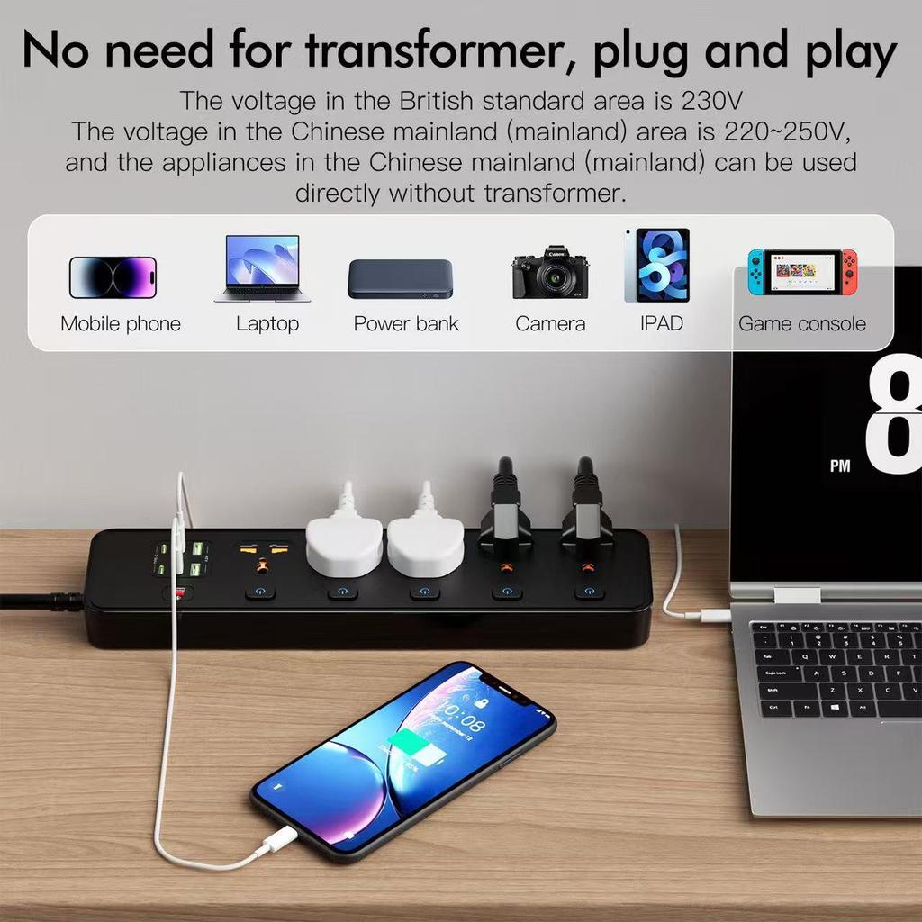 BKL25 Power Strip with 5 Universal Sockets, Independent Switch Control, and Overload Protection