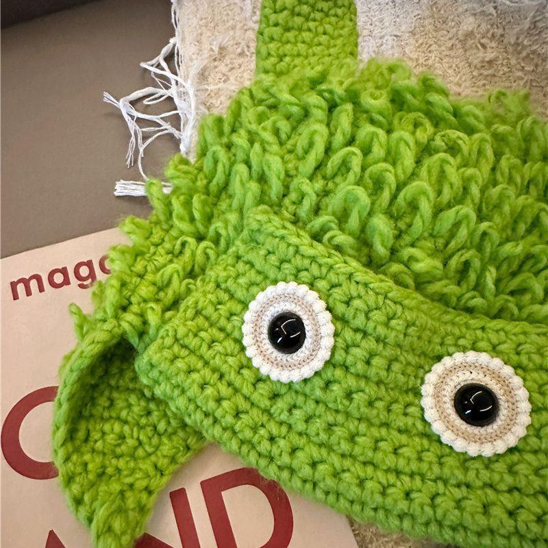 Green Funny Big Eyes Handmade Wool Knitted Hat Female Autumn And Winter Cute Little Monster Versatile Face Small Ear Protection Hat
