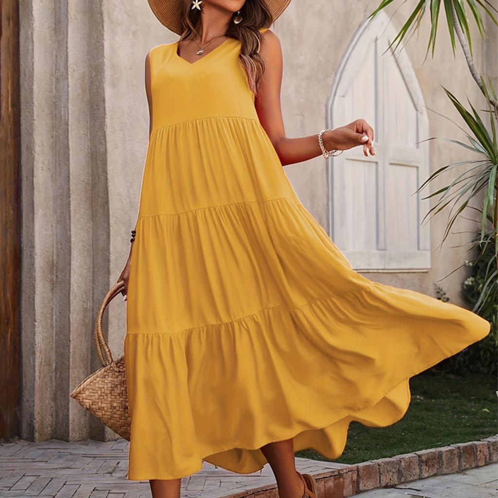 Women's Summer Casual Sleeveless Swing Sundress Boho Flowy Ruffle Tiered Maxi Dress