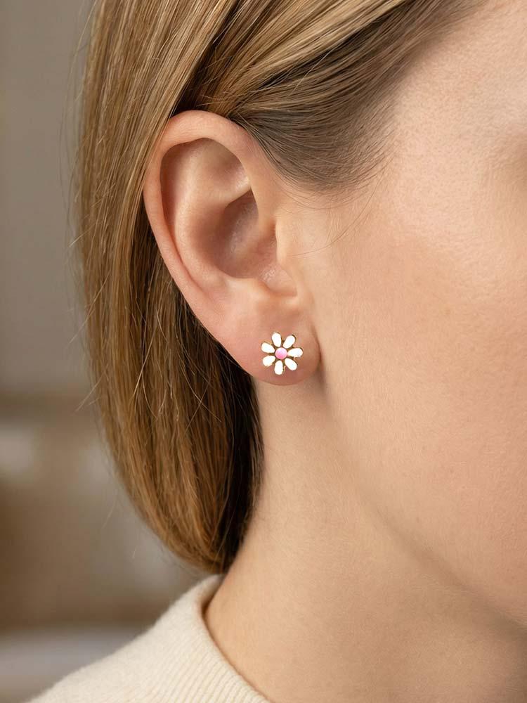 Sunflowers Enameled Small Stud Earrings, Stainless Steel Daisy Earrings For Women, Floral Hypoallergenic Piercing Jewelry