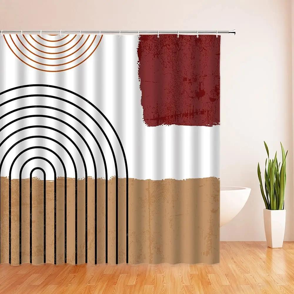 Abstract Art Geometric Shower Curtain Hook Simple Line Color Block Polyester Fabric Modern Bath Curtain for Bathroom Home Decor