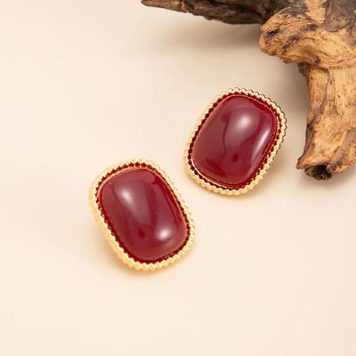 Women Ring/Earrings with Large Square Stone Retro Design Alloy Resin