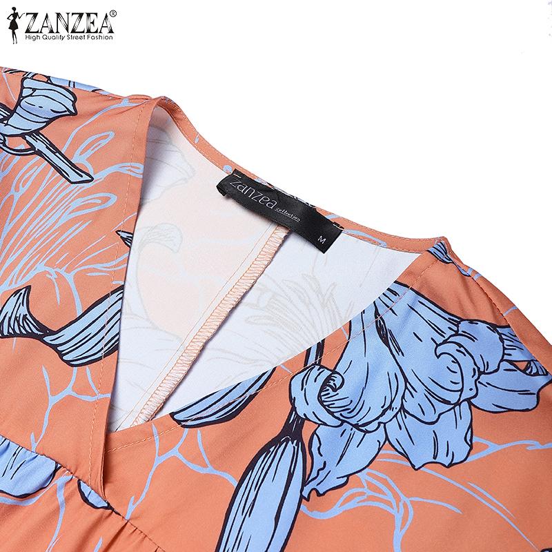 ZANZEA Women Summer V-Neck 3/4 Sleeve Loose Casual Print Dress