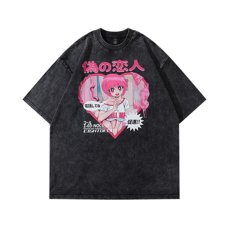 Harajuku Street Trendy Brand Sweet And Cool Cartoon Print Washed Short-Sleeved T-Shirt Men'S Ins Loose And Old Half-Sleeved Top