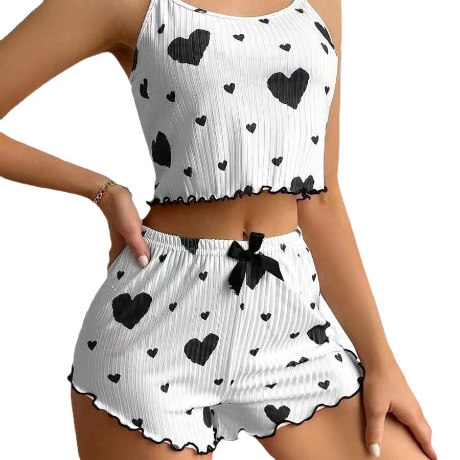 Women's Heart Print Camisole & Shorts Set - Casual Ribbed Knit Sleepwear, European & American Style, Versatile for Indoor & Outdoor Wear