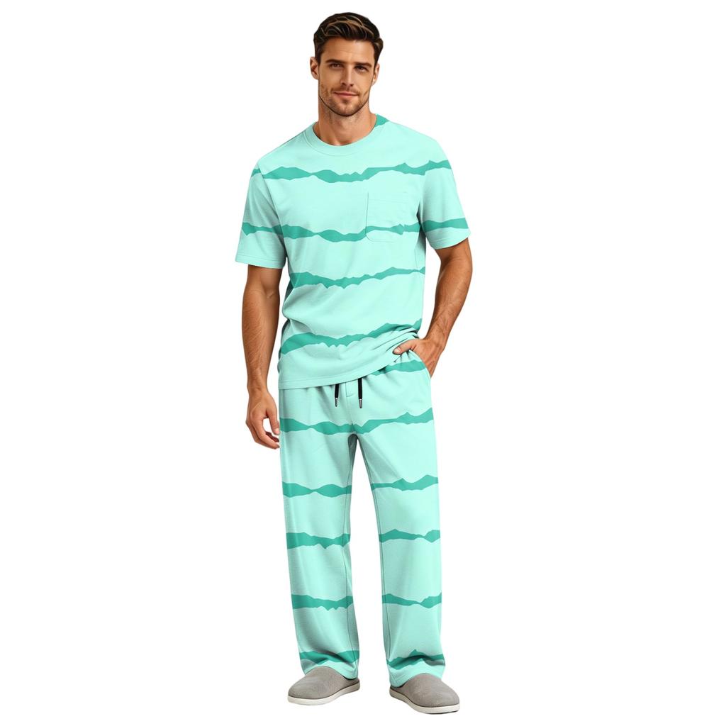 Men's Short Sleeve Pajama Set with Long Pants, Button Crotch, Elastic Waist Drawstring - Comfortable Sleepwear