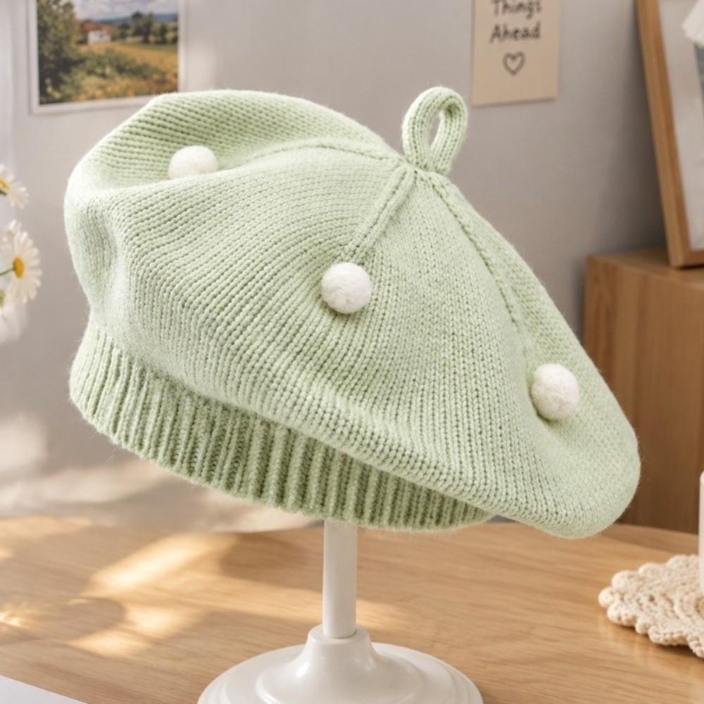 Soft Kids Knitted Beret Hat Solid Color Painter Cap Cute Pom Pom Beanie Infant