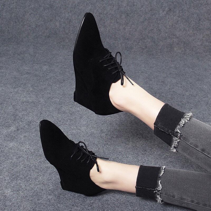 Pointed wedge heel women's shoes new black sheepskin lace-up single shoes simple personality comfortable high heels