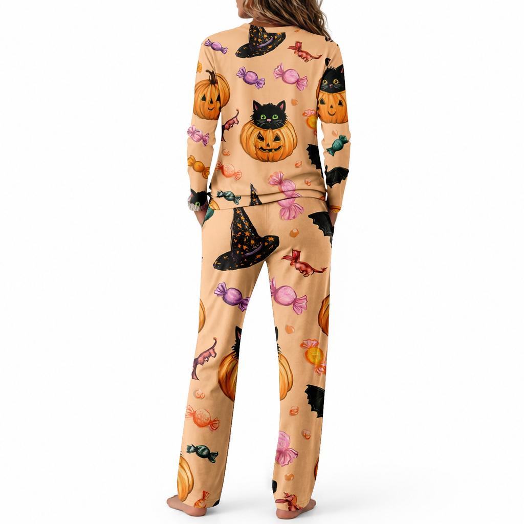 Women's Casual Pajama Set with Long Sleeve Round Neck and Drawstring Wide Leg Pants for Sleep and
