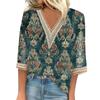Blusa feminina casual solta, camisas, manga 3/4, acabamento em renda, estampa, decote em V, tops estampados, camisetas, camisetas