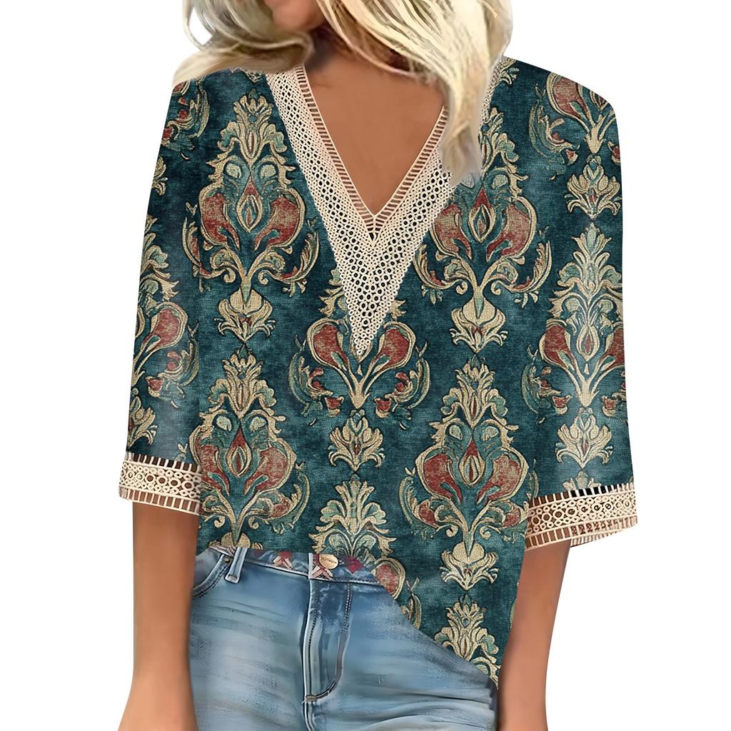 Blusa feminina casual solta, camisas, manga 3/4, acabamento em renda, estampa, decote em V, tops estampados, camisetas, camisetas