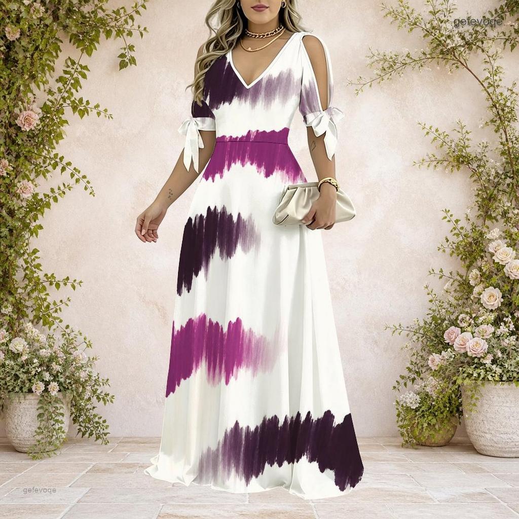 Women Plus Size Cold Shoulder V Neck Tie Cuff Short Sleeve Swirl Printed A Line Long Dress