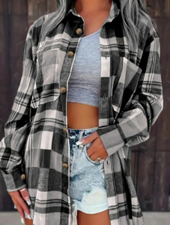 2024 Women's Pink Plaid Loose Long Sleeve Shirt Jacket