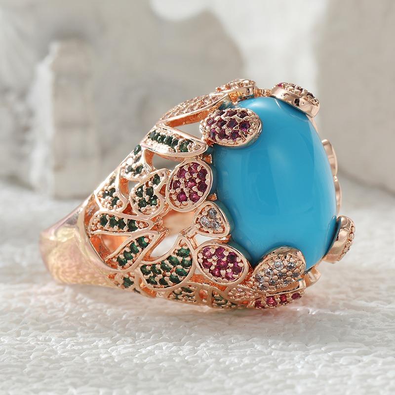 Vintage Inlaid Blue Stone Multicolored CZ Women's Ring Ethnic Gold Color Hand Carving Daily Wear Party Jewelry Anniversary Gift