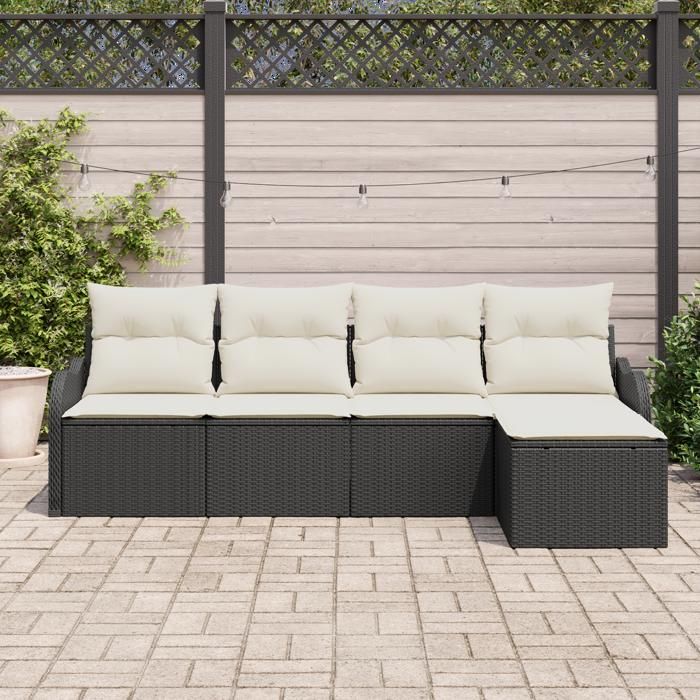 Ensemble de Canapé de Jardin 5 Pièces avec Coussins Rattan Poly Noir, Canapé de Jardin 2 Places avec Coussins Rattan Poly 3345657
