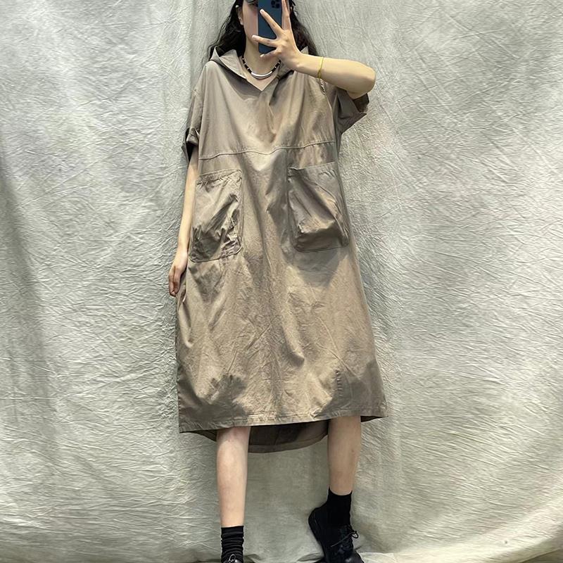 Hooded short-sleeved dress women's 2025 summer new retro loose large size thin casual medium and long dress