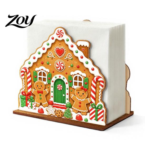 Decorative Wooden Napkin Stand Christmas Tissue Holder, Dispenser with Santa Gingerbread House Elk Rack Pattern, Organizer for Dining Table