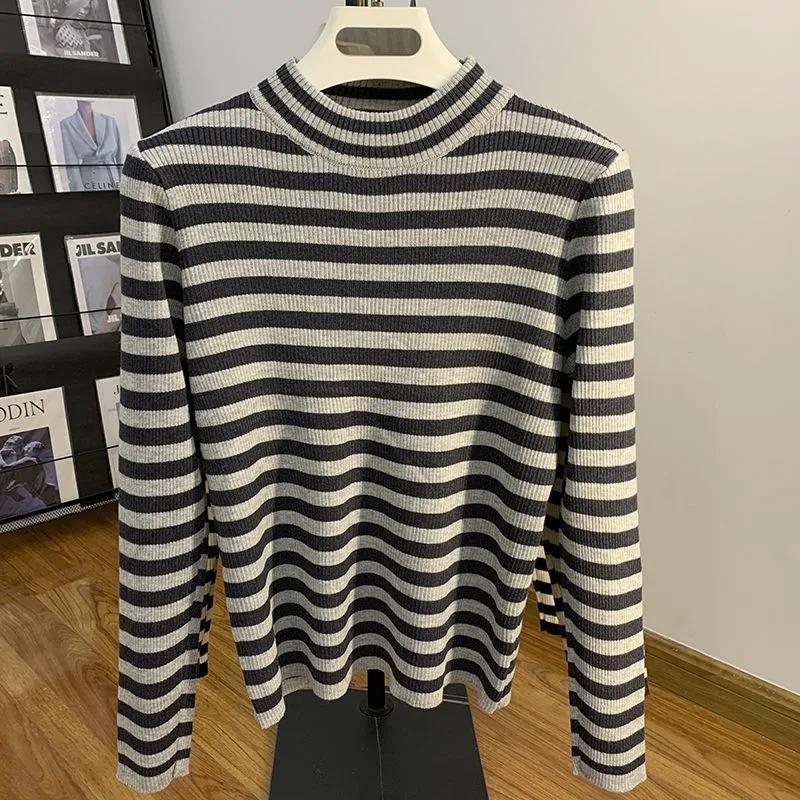 Sweater for Women Winter Thickened Pullover Stripes Warm Knitted Stretchy Long Sleeve Oversize Jumper Sweater Tops