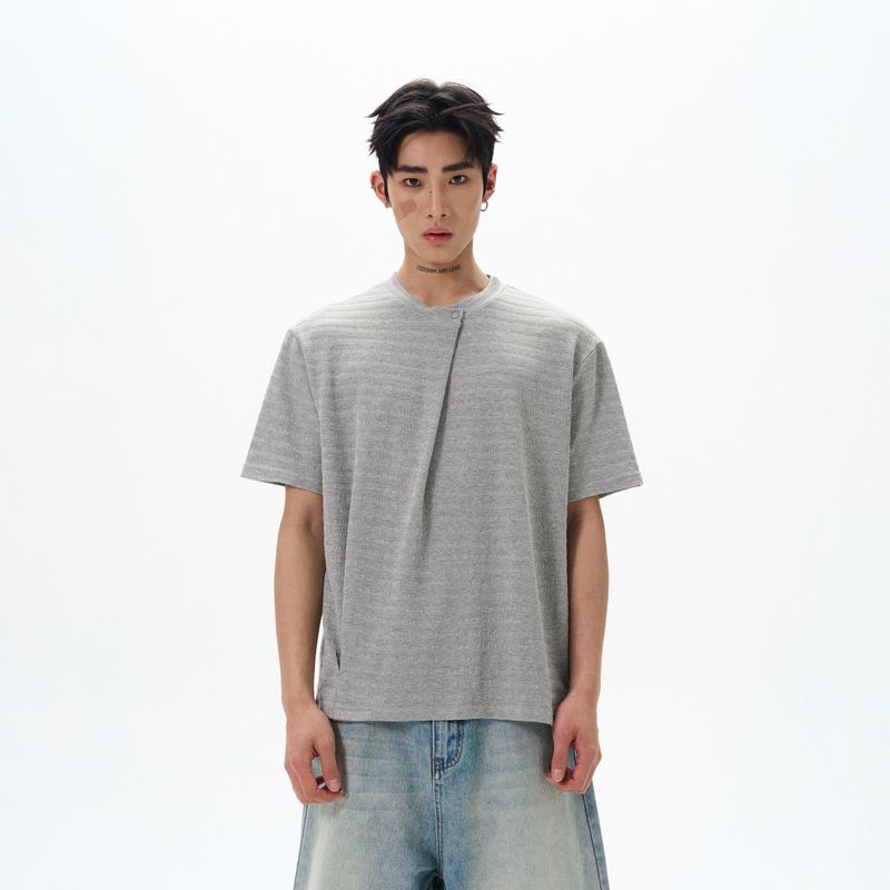 Kisko Simple American Old-Money Style Textured Diagonal Pleated Short-Sleeve T-Shirt for Men and Women New Cleanfit Casual T-Shirt