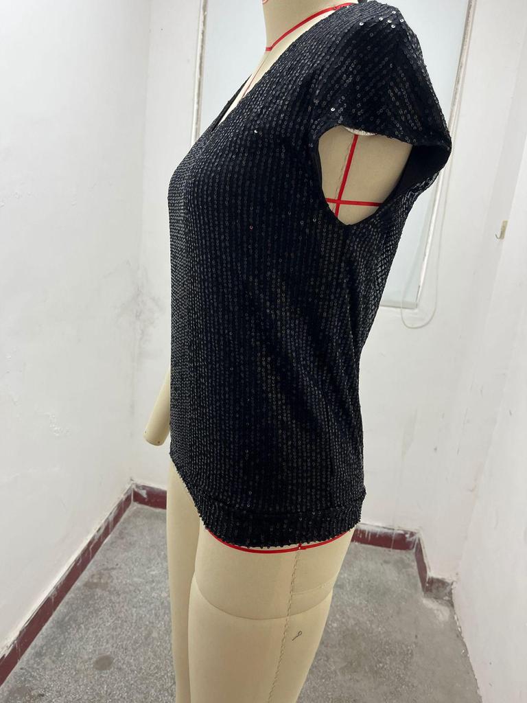 V-Neck Sequin Short Sleeve Women's Shiny Party Vest-Shirt