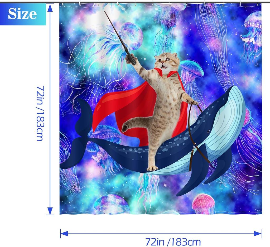 Funny Cat Shower Curtains Cute Cat Riding Whale Shark Fantasy Jellyfish Fun Shower Curtain Set With Kids Bathroom