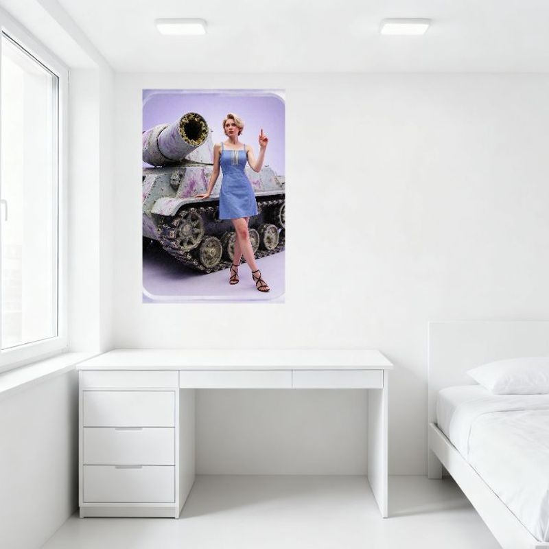 Sexy Blonde Woman with Tank Tin Sign Vintage Metal Poster, Light Blue Dress & Black Sandals, Aged Tank Background, for Home Cafe