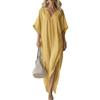 Women Cotton Linen Long Dress Batwing Short Sleeve V Neck Tunic Dress Summer High Slit Flowy Beach Sundress
