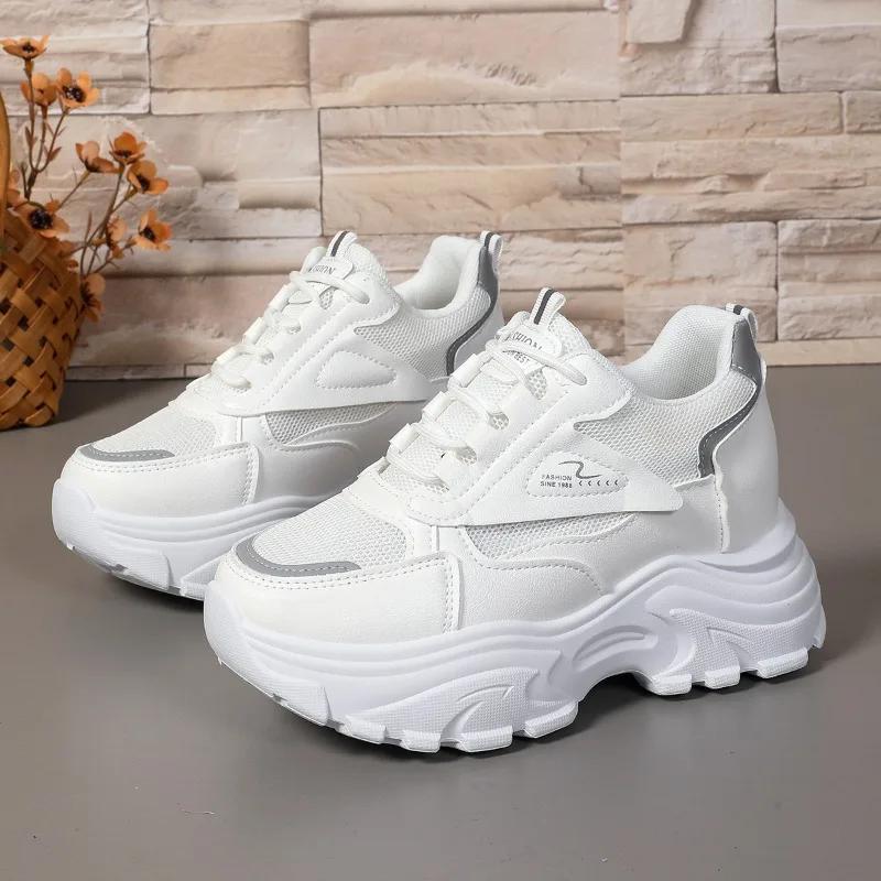 Fashion Plus Size 2025 Mesh Women's Vulcanize Shoes Outdoor Breathable Increase Height Lace Up Sneakers Versatile Ladies Casual Shoes