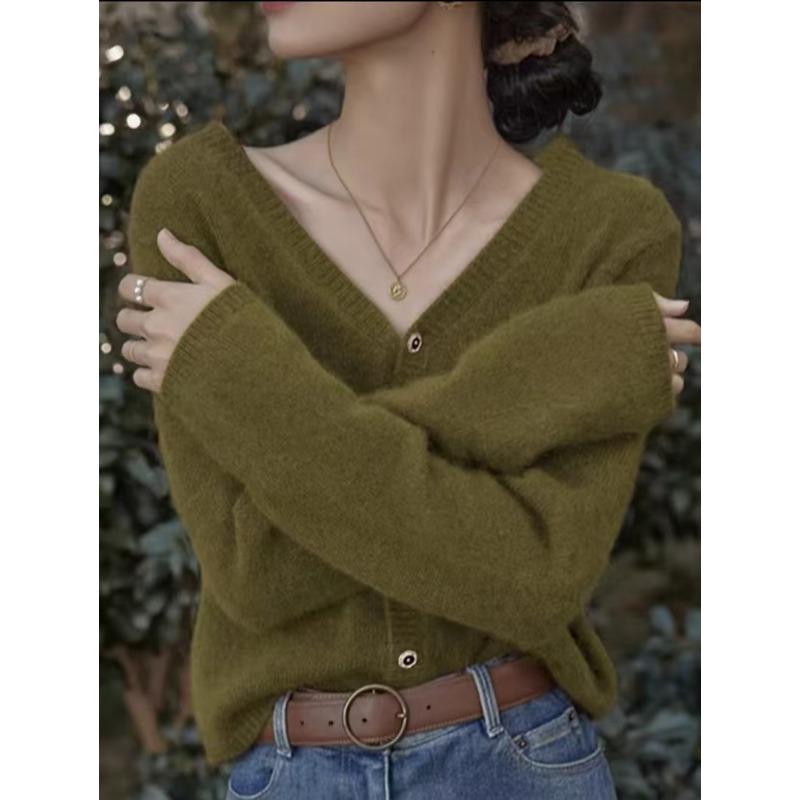 

Осень и зима новый кардиган-свитер с V-образным вырезом женское пальто ленивый ветер со свободным мягким восковым вязаным свитером One size оливковый