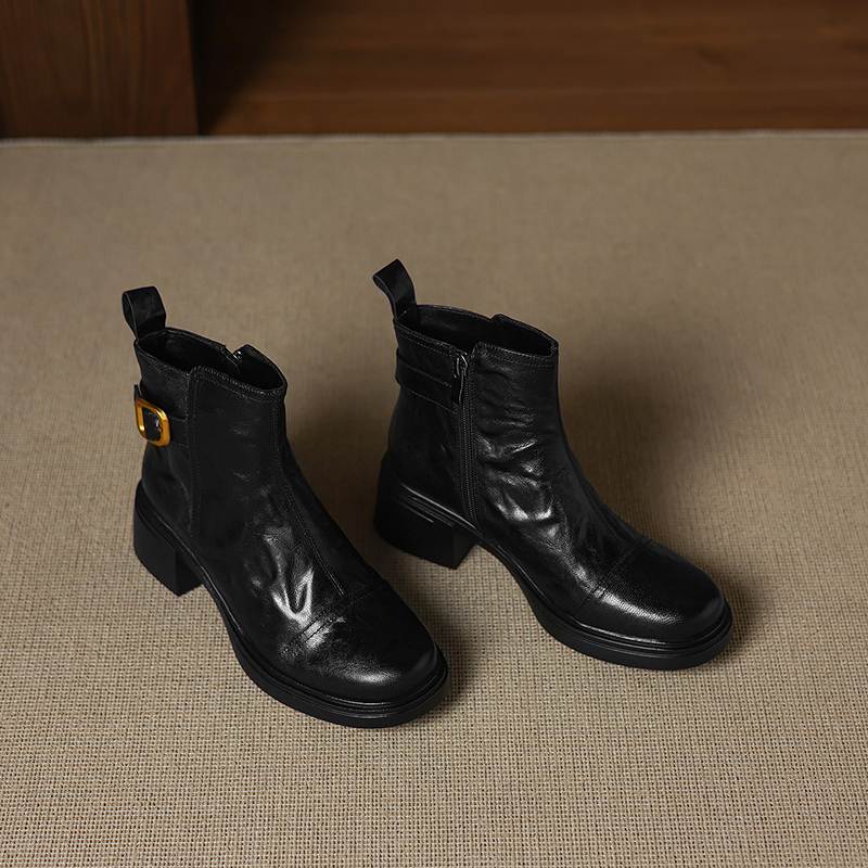 Krazing Pot Sheepskin Round Toe Thick Heels Chelsea Boots Size 42 High Quality Women Keep Warm Metal Buckle Ankle Boots