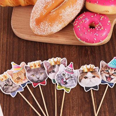 8pcs Birthday Prop Cute Cat Face Insert Card Disposable Non Toxic Cat Cupcake Toppers DIY Single Side Cake Flag Party Favors
